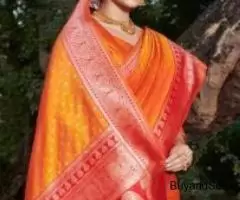 AED 244, Mustard Banarasi Silk Woven Work Traditional Tassels Saree By Sangam